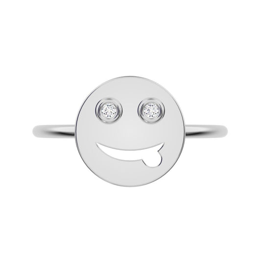 0.02 ct Round Cut Simulated Clear Diamond dainty Minimalist smiley face emoji bezel light 14K / 18K Solid White Gold everyday ring