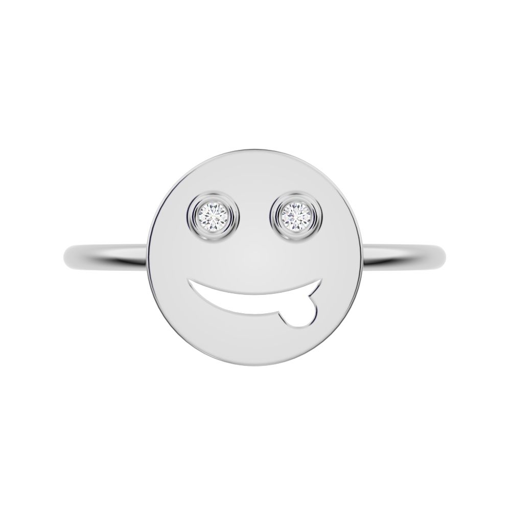0.02 ct Round Cut Moissanite dainty Minimalist smiley face emoji bezel light 14K / 18K Solid White Gold everyday ring