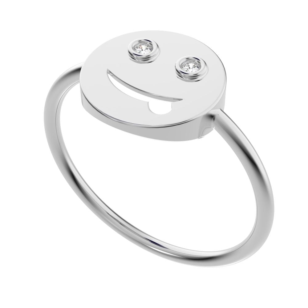 0.02 ct Round Cut Simulated Clear Diamond dainty Minimalist smiley face emoji bezel light 14K / 18K Solid White Gold everyday ring