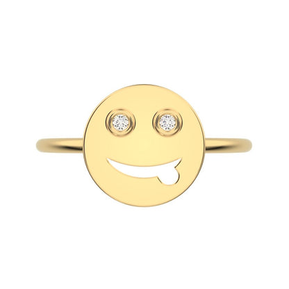 0.02 ct Round Cut Simulated Clear Diamond dainty Minimalist smiley face emoji bezel light 14K / 18K Solid Yellow Gold everyday ring