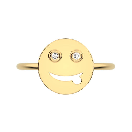 0.02 ct Round Cut Simulated Clear Diamond dainty Minimalist smiley face emoji bezel light 14K / 18K Solid Yellow Gold everyday ring