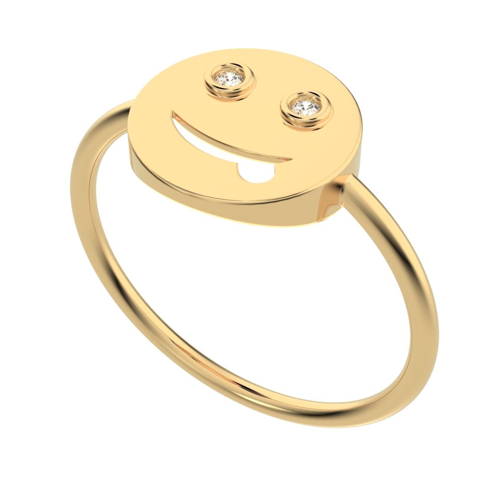 0.02 ct Round Cut Moissanite dainty Minimalist smiley face emoji bezel light 14K / 18K Solid Yellow Gold everyday ring