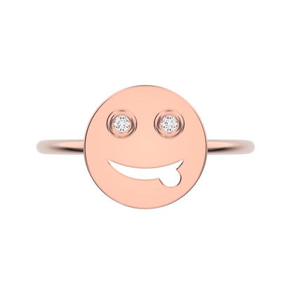 0.02 ct Round Cut Simulated Clear Diamond dainty Minimalist smiley face emoji bezel light 14K / 18K Solid Rose Gold everyday ring