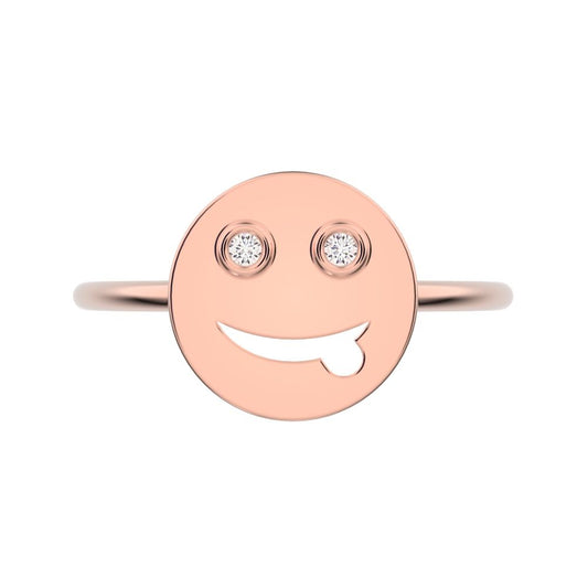 0.02 ct Round Cut Moissanite dainty Minimalist smiley face emoji bezel light 14K / 18K Solid Rose Gold everyday ring