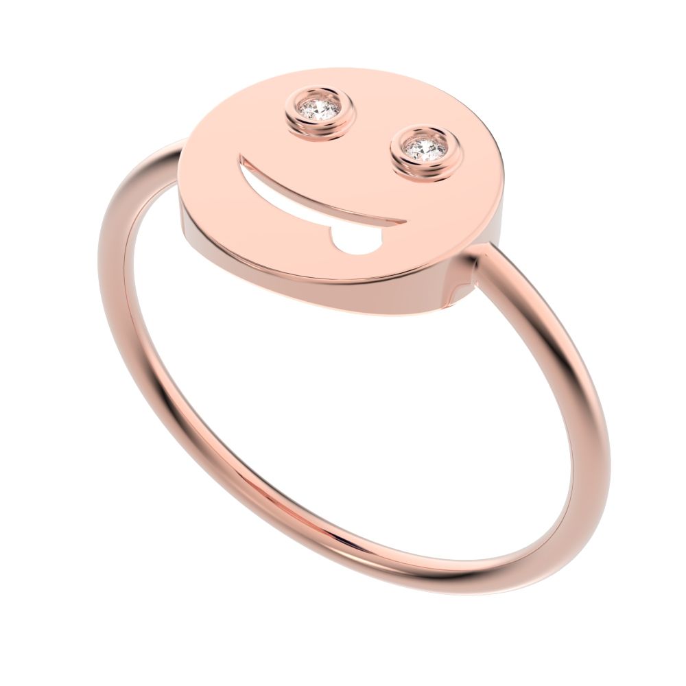 0.02 ct Round Cut Simulated Clear Diamond dainty Minimalist smiley face emoji bezel light 14K / 18K Solid Rose Gold everyday ring