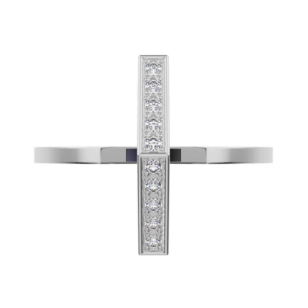 0.1 ct Round Cut Moissanite dainty Minimalist Bar vertical Sleek cross 14K / 18K Solid White Gold everyday ring