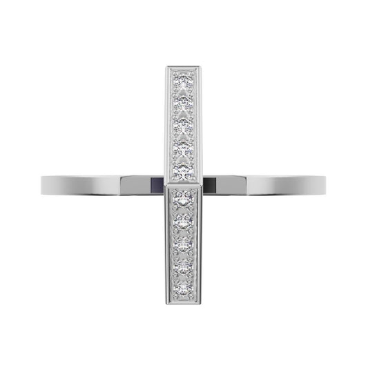 0.1 ct Round Cut Moissanite dainty Minimalist Bar vertical Sleek cross 14K / 18K Solid White Gold everyday ring