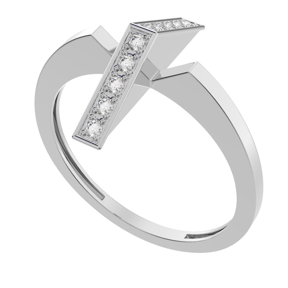 0.1 ct Round Cut Moissanite dainty Minimalist Bar vertical Sleek cross 14K / 18K Solid White Gold everyday ring