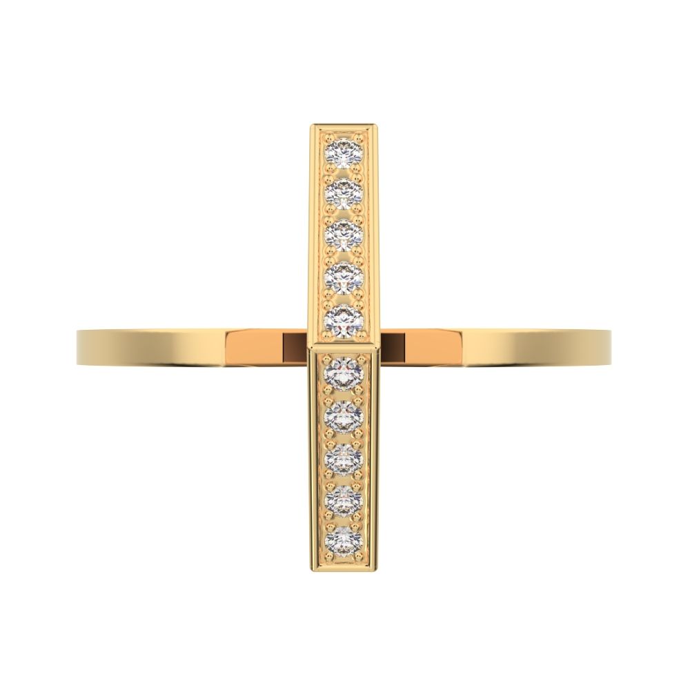0.1 ct Round Cut Moissanite dainty Minimalist Bar vertical Sleek cross 14K / 18K Solid Yellow Gold everyday ring