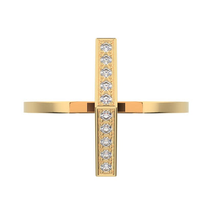 0.1 ct Round Cut Moissanite dainty Minimalist Bar vertical Sleek cross 14K / 18K Solid Yellow Gold everyday ring