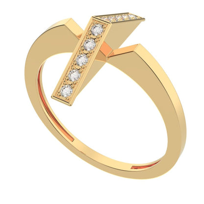 0.1 ct Round Cut Moissanite dainty Minimalist Bar vertical Sleek cross 14K / 18K Solid Yellow Gold everyday ring