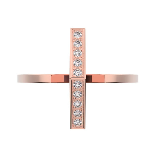 0.1 ct Round Cut Moissanite dainty Minimalist Bar vertical Sleek cross 14K / 18K Solid Rose Gold everyday ring