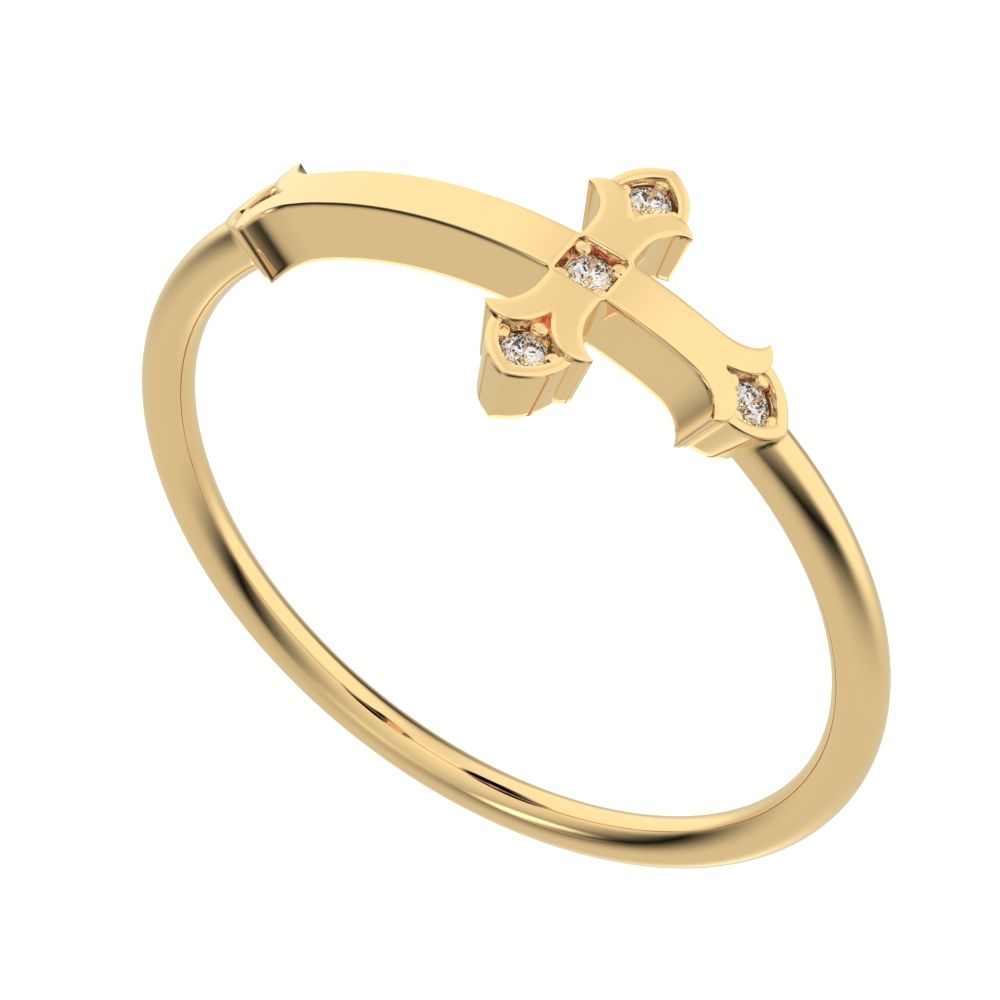 0.025Ct Round Cut Simulated Clear Diamond Minimalist eye cross sculptural cross light 14K / 18K Solid Yellow Gold everyday wedding band