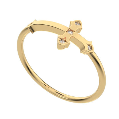 0.025Ct Round Cut Simulated Clear Diamond Minimalist eye cross sculptural cross light 14K / 18K Solid Yellow Gold everyday wedding band