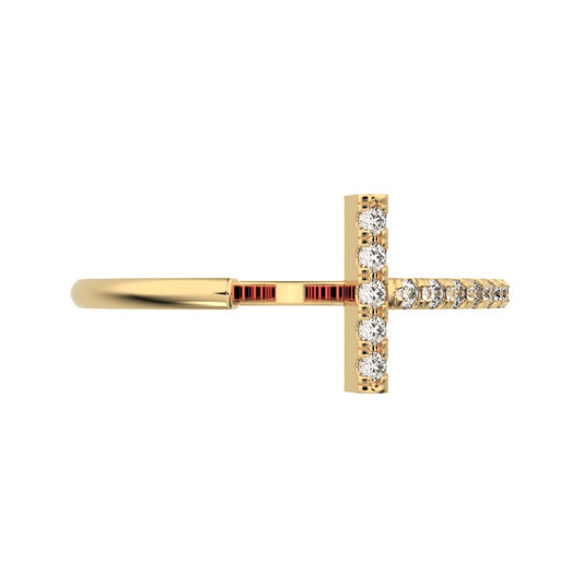 0.13Ct Round Cut Simulated Clear Diamond Minimalist sculptural cross Pav√© vertical 14K / 18K Solid Yellow Gold everyday wedding band