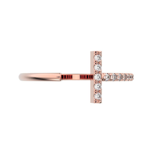 0.13Ct Round Cut Simulated Clear Diamond Minimalist sculptural cross Pav√© vertical 14K / 18K Solid Rose Gold everyday wedding band