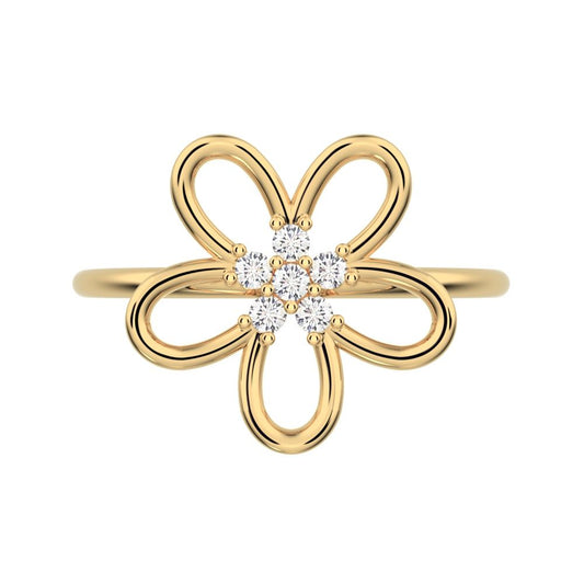 0.09 ct Round Cut Moissanite dainty Minimalist star halo cluster floral 14K / 18K Solid Yellow Gold everyday ring