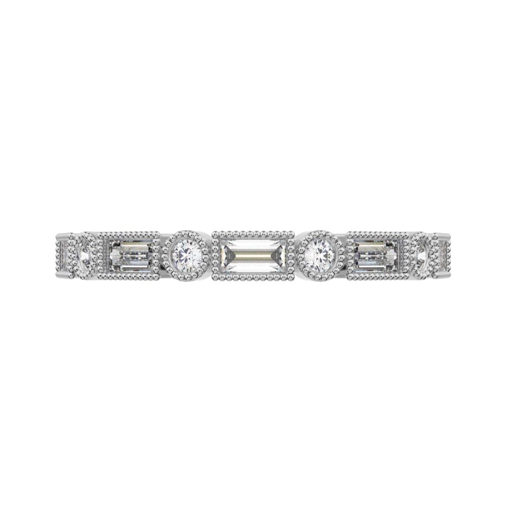 0.39 ct Baguette Cut Moissanite dainty Minimalist vintage half eternity Stackable milgrain 14K / 18K Solid White Gold everyday wedding band