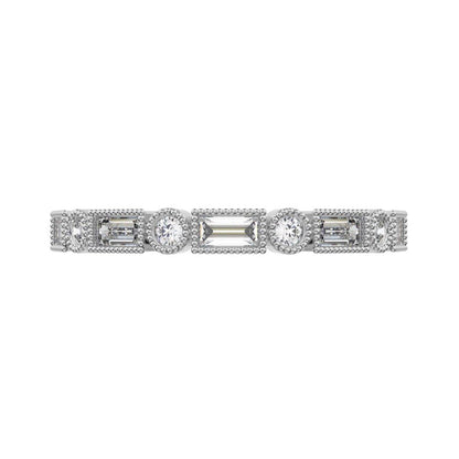 0.39 ct Baguette Cut Moissanite dainty Minimalist vintage half eternity Stackable milgrain 14K / 18K Solid White Gold everyday wedding band