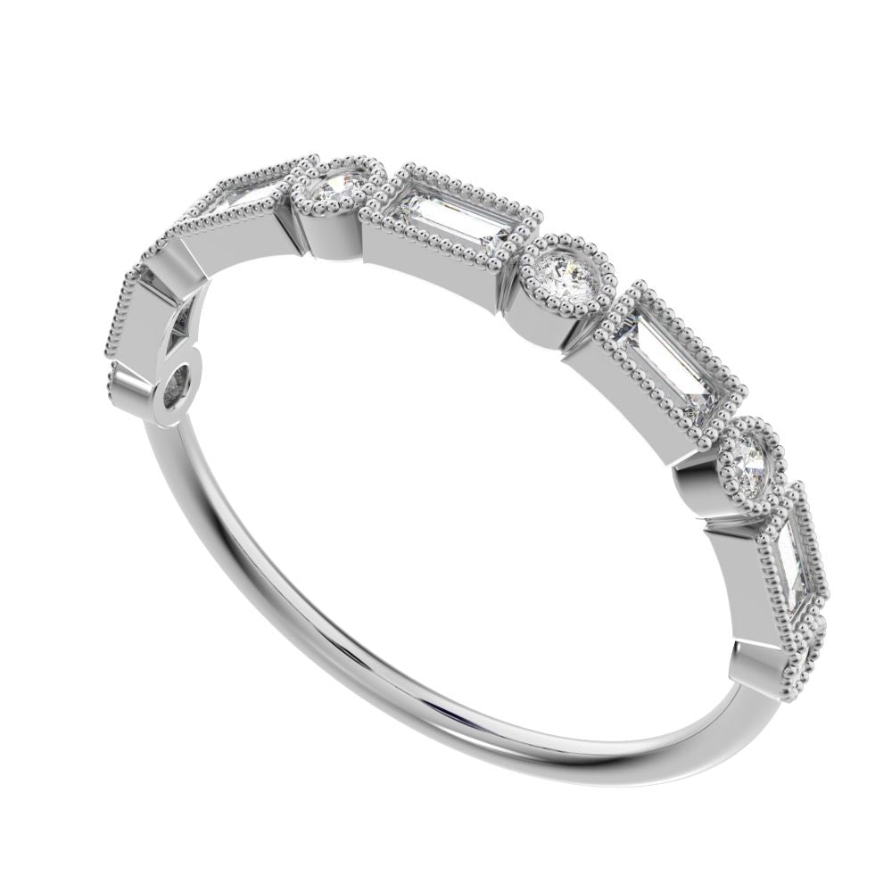 0.39Ct Baguette Cut Simulated Clear Diamond dainty half eternity Stackable milgrain 14K / 18K Solid White Gold everyday wedding band