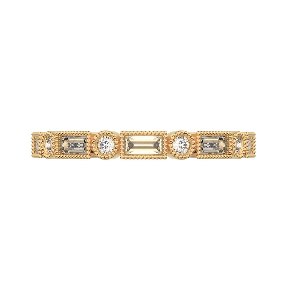 0.39Ct Baguette Cut Simulated Clear Diamond dainty half eternity Stackable milgrain 14K / 18K Solid Yellow Gold everyday wedding band
