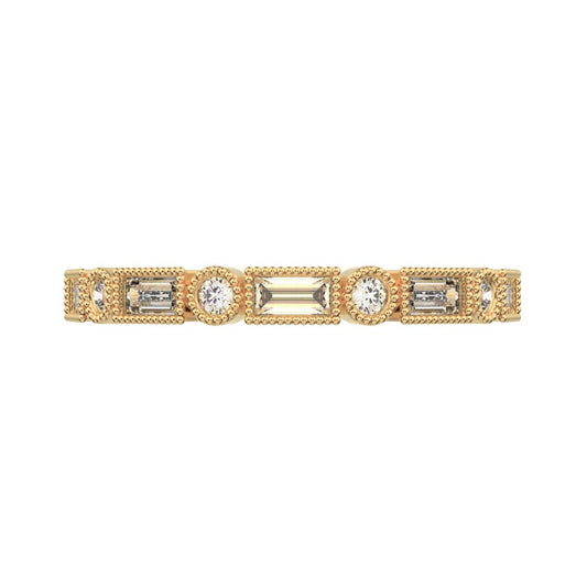 0.39Ct Baguette Cut Simulated Clear Diamond dainty half eternity Stackable milgrain 14K / 18K Solid Yellow Gold everyday wedding band