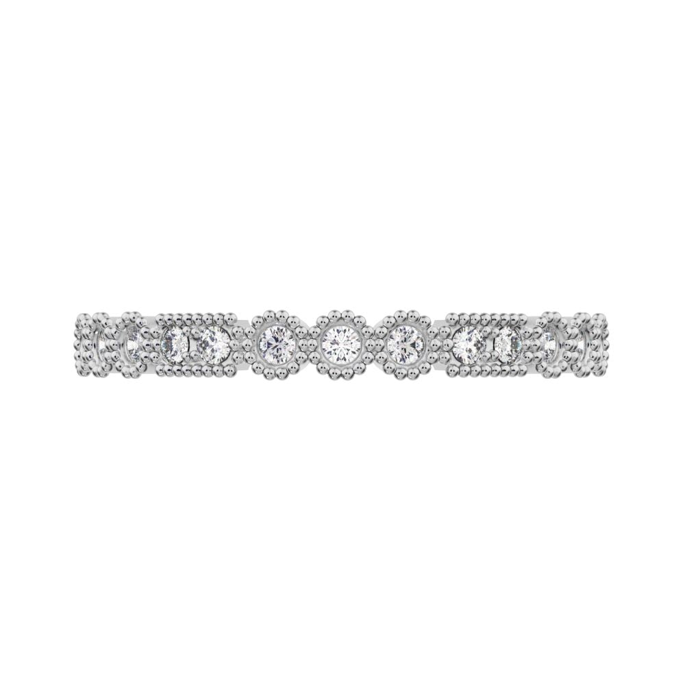 0.13 ct Round Cut Moissanite dainty Minimalist vintage half eternity Stackable milgrain 14K / 18K Solid White Gold everyday wedding band