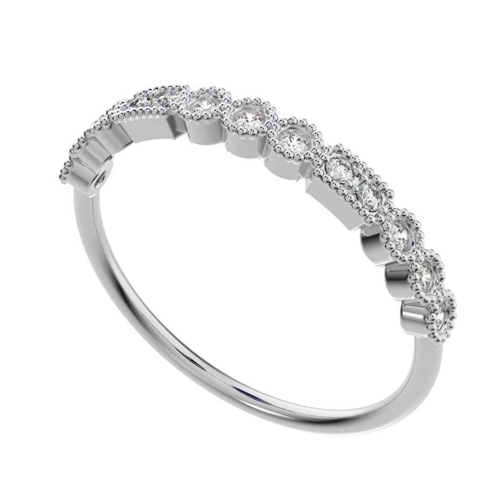 0.13 ct Round Cut Moissanite dainty Minimalist vintage half eternity Stackable milgrain 14K / 18K Solid White Gold everyday wedding band