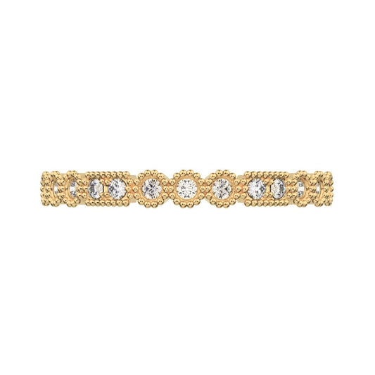 0.13 ct Round Cut Moissanite dainty Minimalist vintage half eternity Stackable milgrain 14K / 18K Solid Yellow Gold everyday wedding band