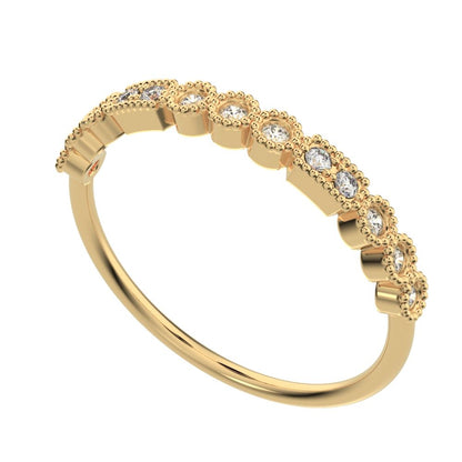 0.13 ct Round Cut Moissanite dainty Minimalist vintage half eternity Stackable milgrain 14K / 18K Solid Yellow Gold everyday wedding band