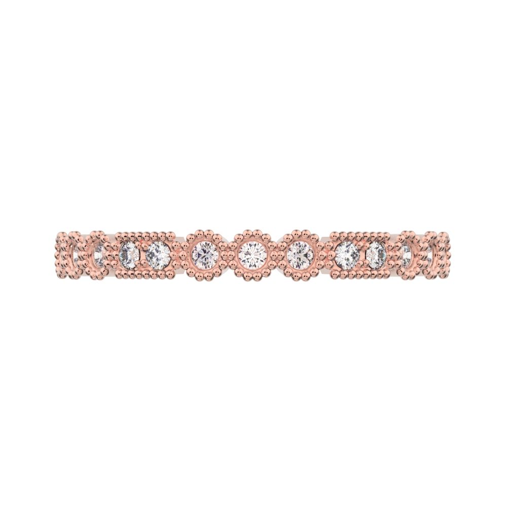 0.13 ct Round Cut Moissanite dainty Minimalist vintage half eternity Stackable milgrain 14K / 18K Solid Rose Gold everyday wedding band