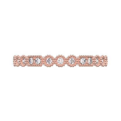 0.13 ct Round Cut Moissanite dainty Minimalist vintage half eternity Stackable milgrain 14K / 18K Solid Rose Gold everyday wedding band