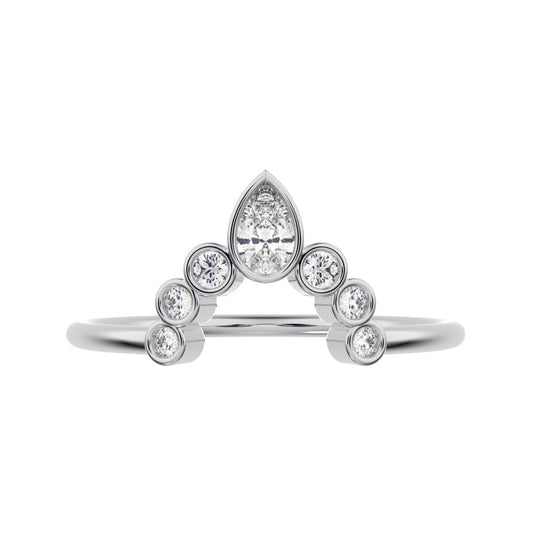 0.26 ct Pear Cut Moissanite dainty Minimalist bezel Crown Stackable tiara curved 14K / 18K Solid White Gold everyday wedding band