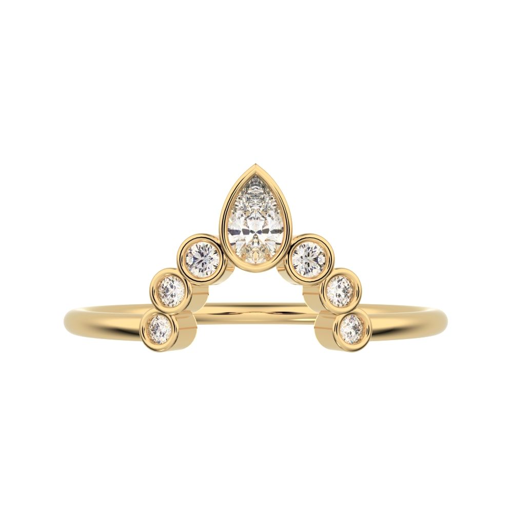 0.26 ct Pear Cut Moissanite dainty Minimalist bezel Crown Stackable tiara curved 14K / 18K Solid Yellow Gold everyday wedding band