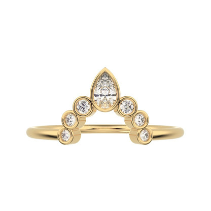 0.26 ct Pear Cut Moissanite dainty Minimalist bezel Crown Stackable tiara curved 14K / 18K Solid Yellow Gold everyday wedding band