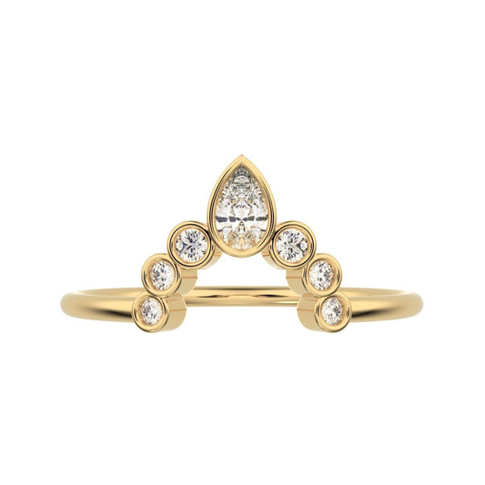 0.26 ct Pear Cut Moissanite dainty Minimalist bezel Crown Stackable tiara curved 14K / 18K Solid Yellow Gold everyday wedding band