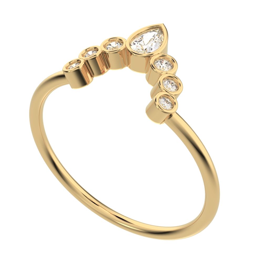 0.26 ct Pear Cut Moissanite dainty Minimalist bezel Crown Stackable tiara curved 14K / 18K Solid Yellow Gold everyday wedding band