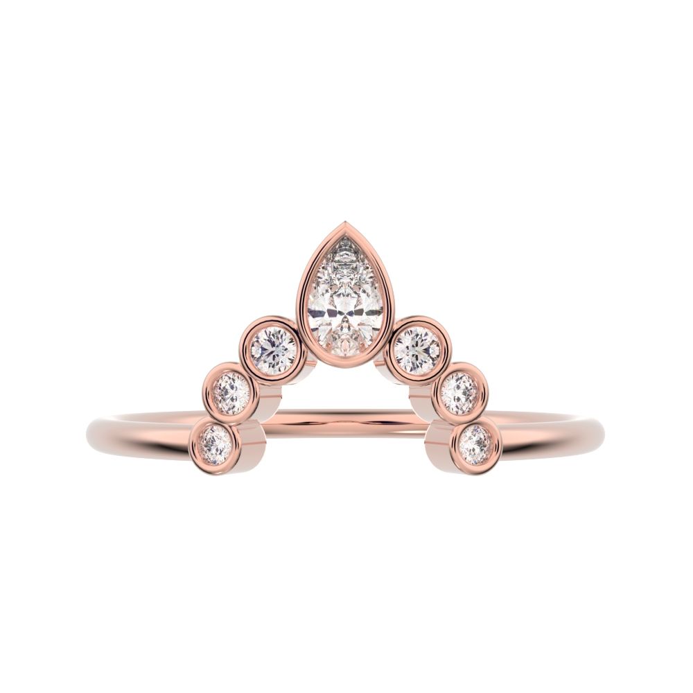 0.26 ct Pear Cut Moissanite dainty Minimalist bezel Crown Stackable tiara curved 14K / 18K Solid Rose Gold everyday wedding band