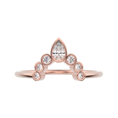 0.26 ct Pear Cut Moissanite dainty Minimalist bezel Crown Stackable tiara curved 14K / 18K Solid Rose Gold everyday wedding band