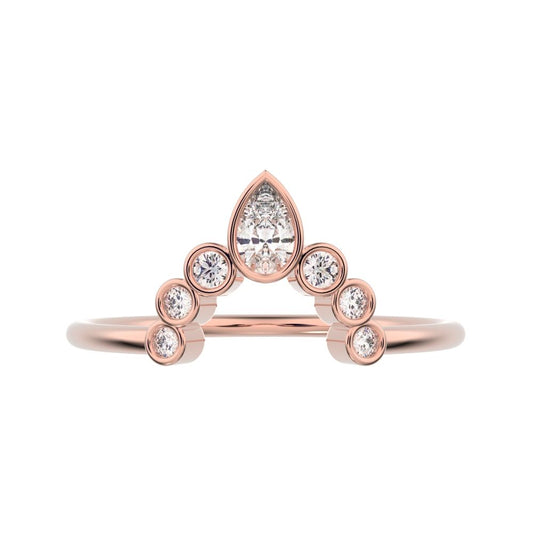 0.26 ct Pear Cut Moissanite dainty Minimalist bezel Crown Stackable tiara curved 14K / 18K Solid Rose Gold everyday wedding band