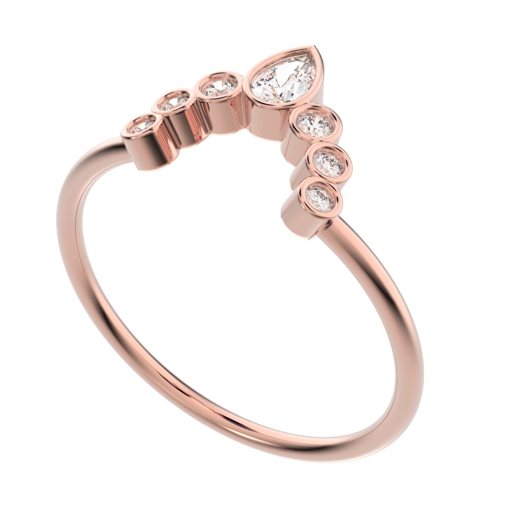 0.26 ct Pear Cut Moissanite dainty Minimalist bezel Crown Stackable tiara curved 14K / 18K Solid Rose Gold everyday wedding band