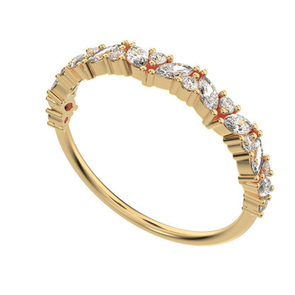 0.36Ct Marquise Cut Moissanite Minimalist nature half eternity Stackable leaf cluster 14K / 18K Solid Yellow Gold everyday wedding band
