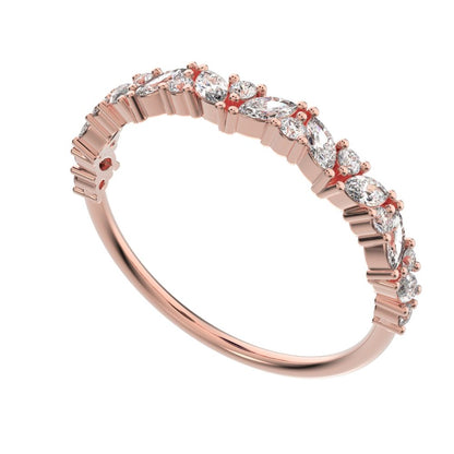 0.36Ct Marquise Cut Moissanite Minimalist nature half eternity Stackable leaf cluster 14K / 18K Solid Rose Gold everyday wedding band