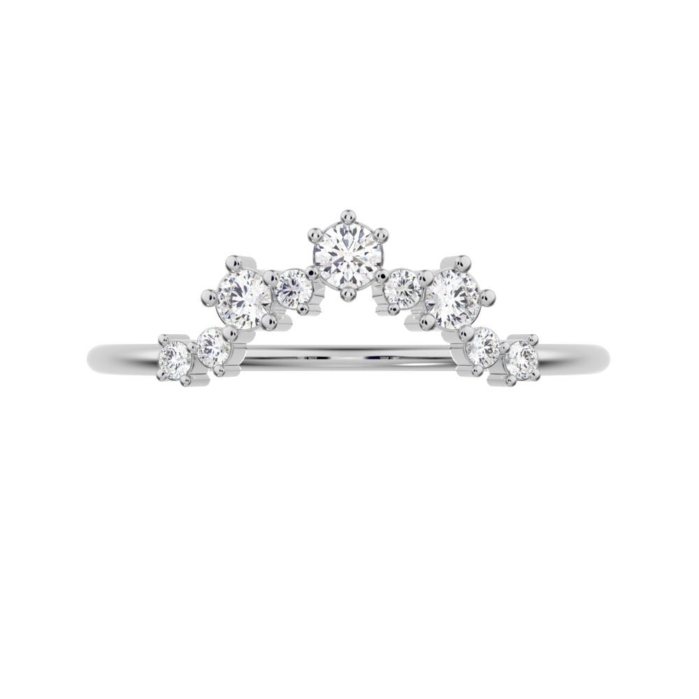 0.16 ct Round Cut Moissanite dainty Minimalist cluster Crown Stackable tiara curved 14K / 18K Solid White Gold everyday wedding band