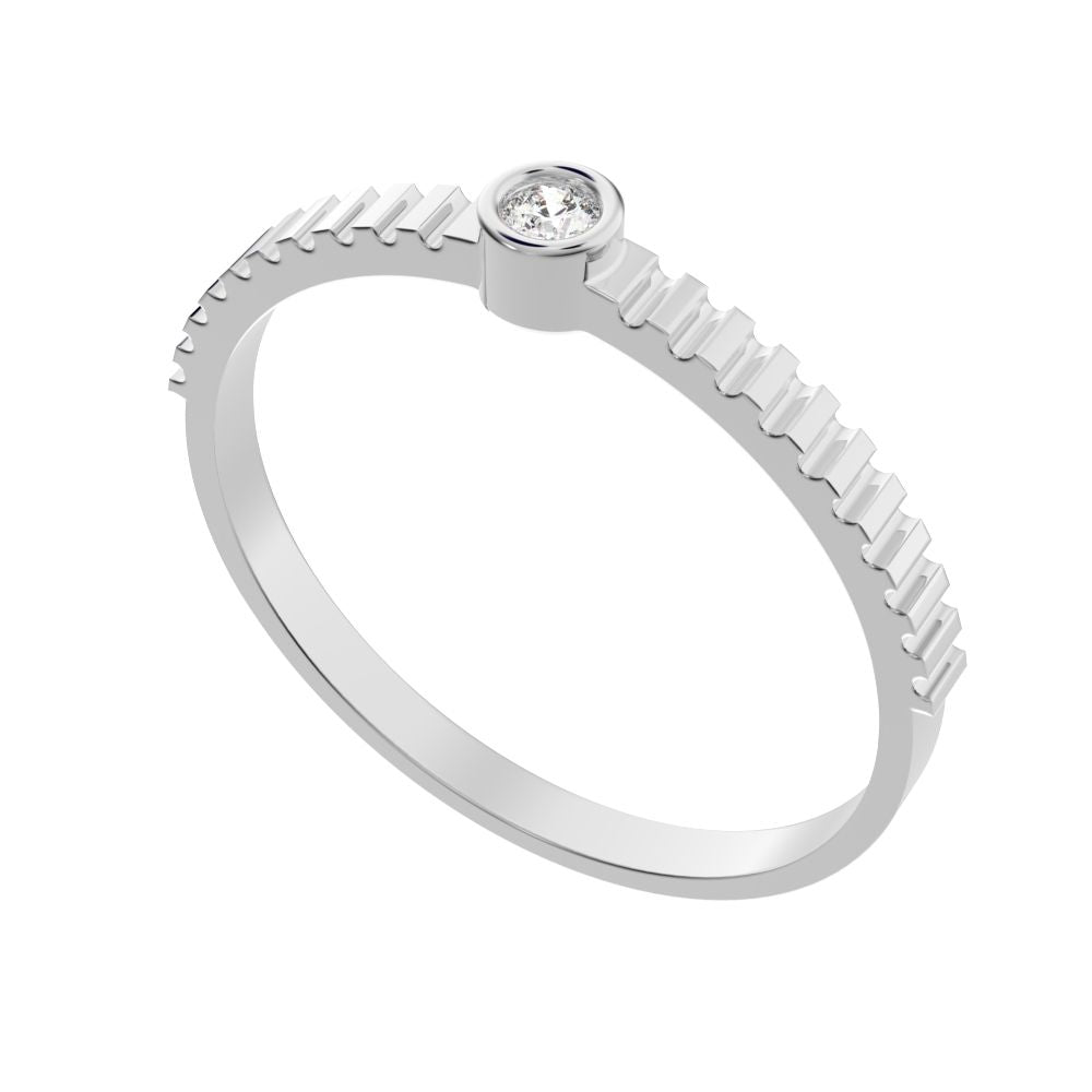0.03Ct Round Cut Simulated Clear Diamond Minimalist bezel solitaire ribbed Stackable 14K / 18K Solid White Gold everyday wedding band