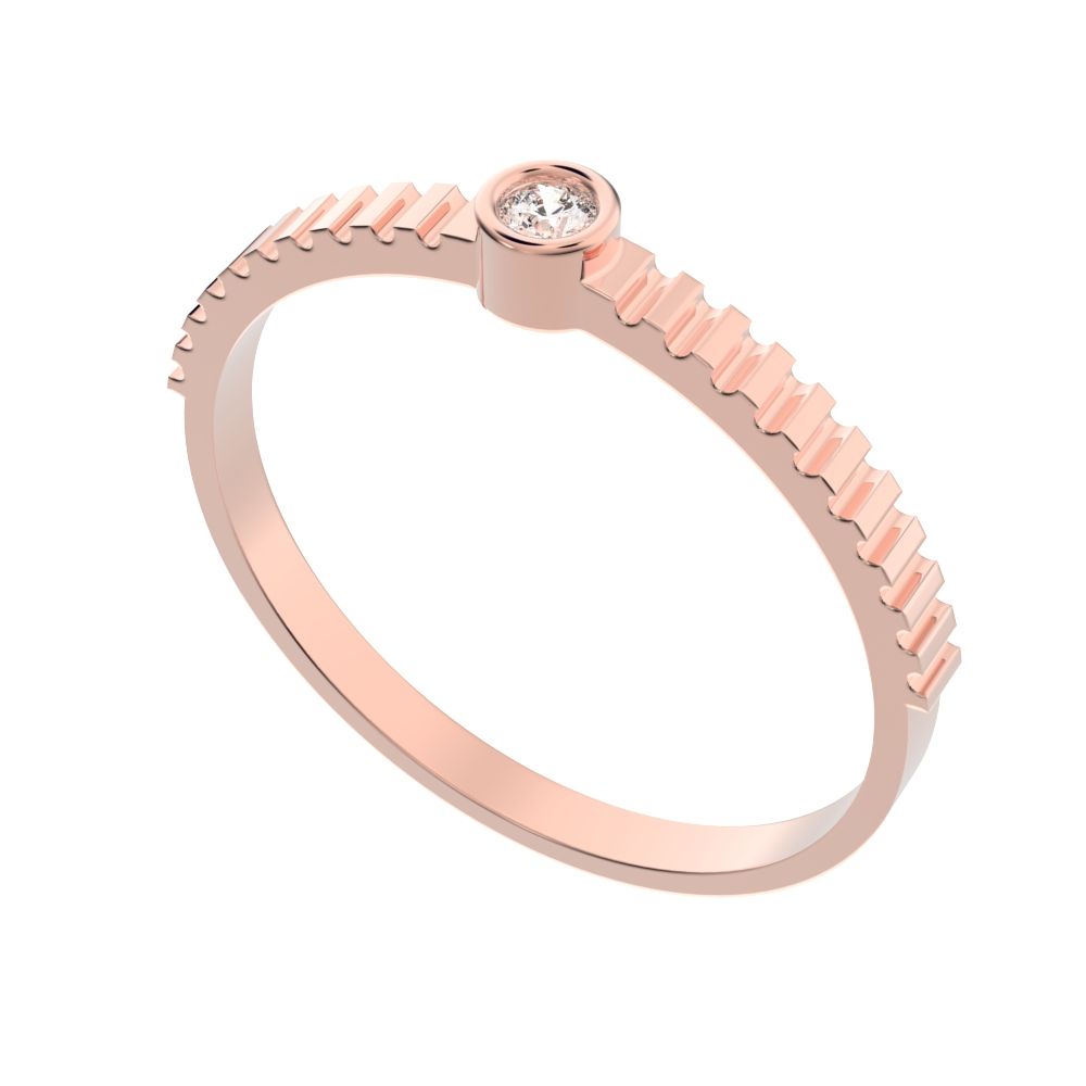 0.03Ct Round Cut Simulated Clear Diamond dainty Minimalist bezel solitaire ribbed Stackable 14K / 18K Solid Rose Gold everyday wedding band
