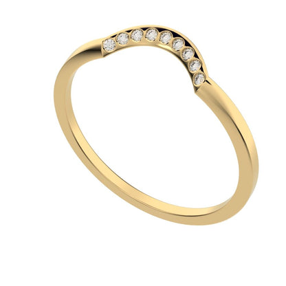 0.045 ct Round Cut Moissanite dainty Minimalist half moon Stackable curved arc 14K / 18K Solid Yellow Gold everyday wedding band