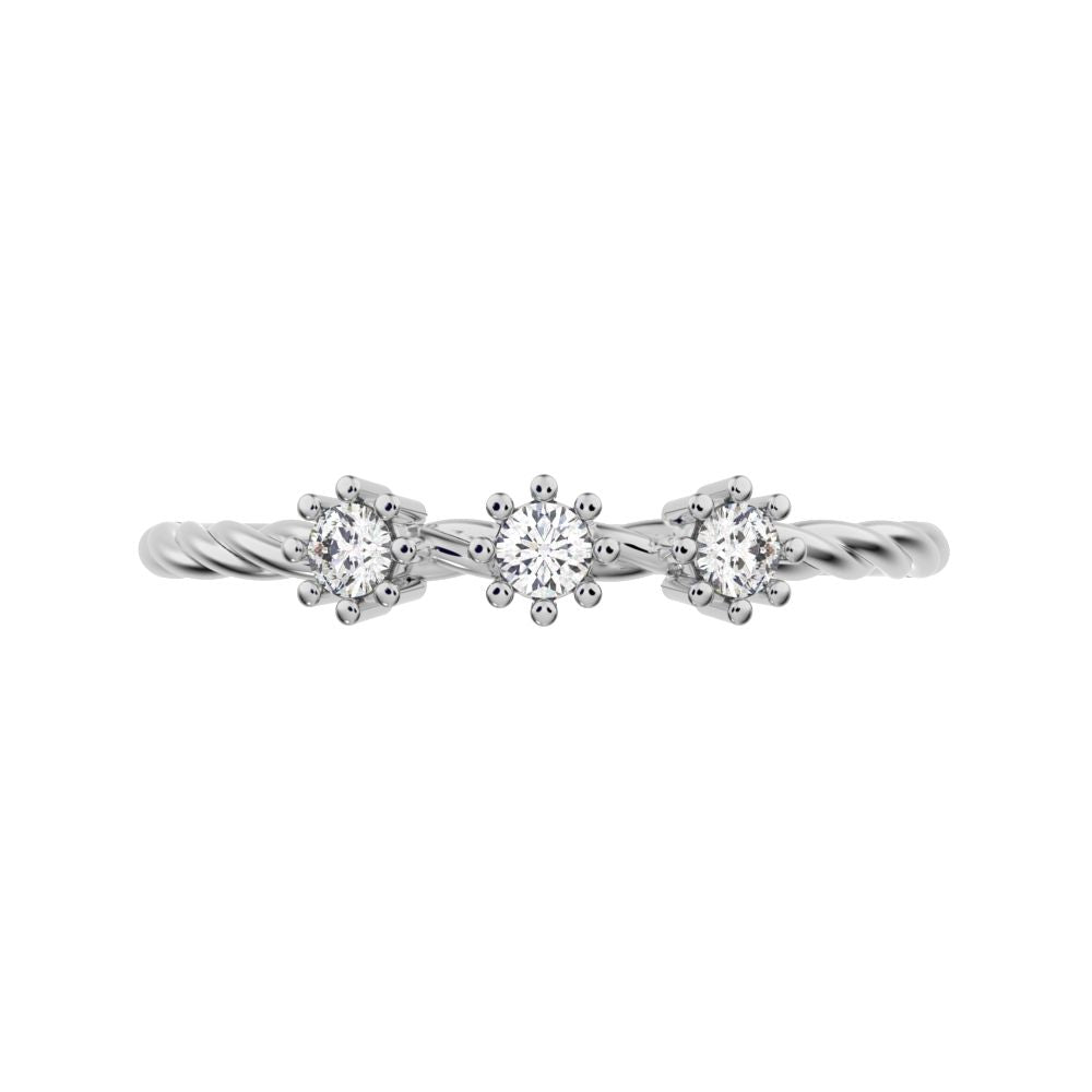 0.09 ct Round Cut Moissanite dainty Minimalist 3 stone knot twisted trio floral 14K / 18K Solid White Gold everyday wedding band