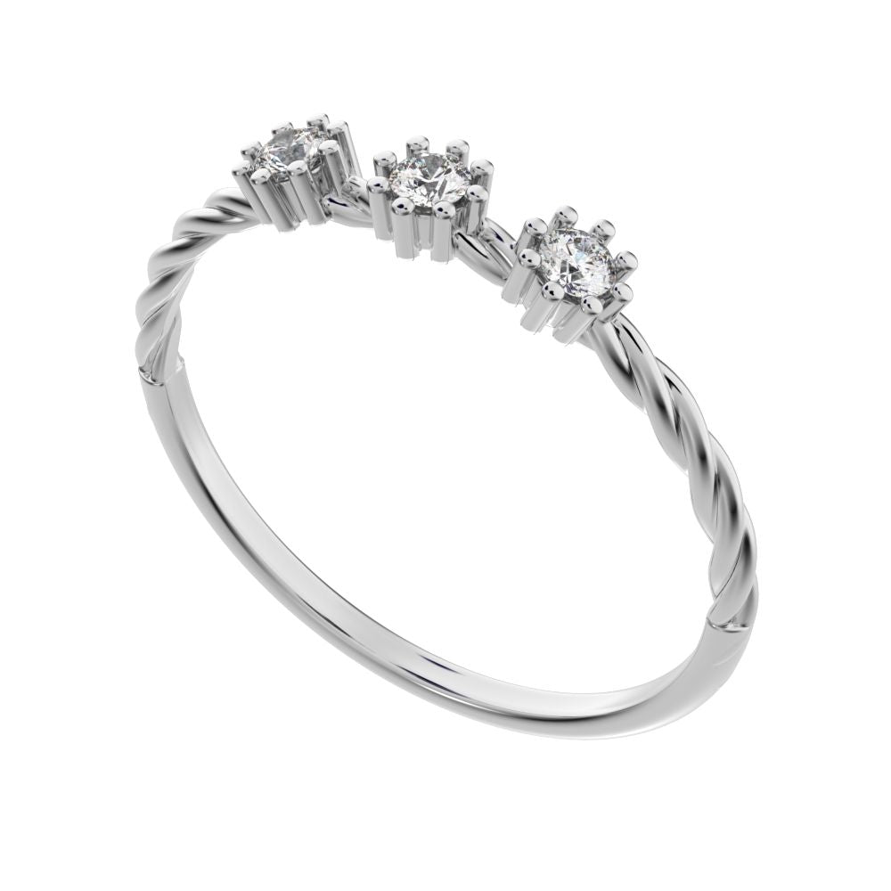 0.09 ct Round Cut Moissanite dainty Minimalist 3 stone knot twisted trio floral 14K / 18K Solid White Gold everyday wedding band