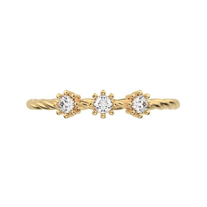 0.09Ct Round Cut Simulated Clear Diamond Minimalist 3 stone knot twisted trio floral 14K / 18K Solid Yellow Gold everyday wedding band